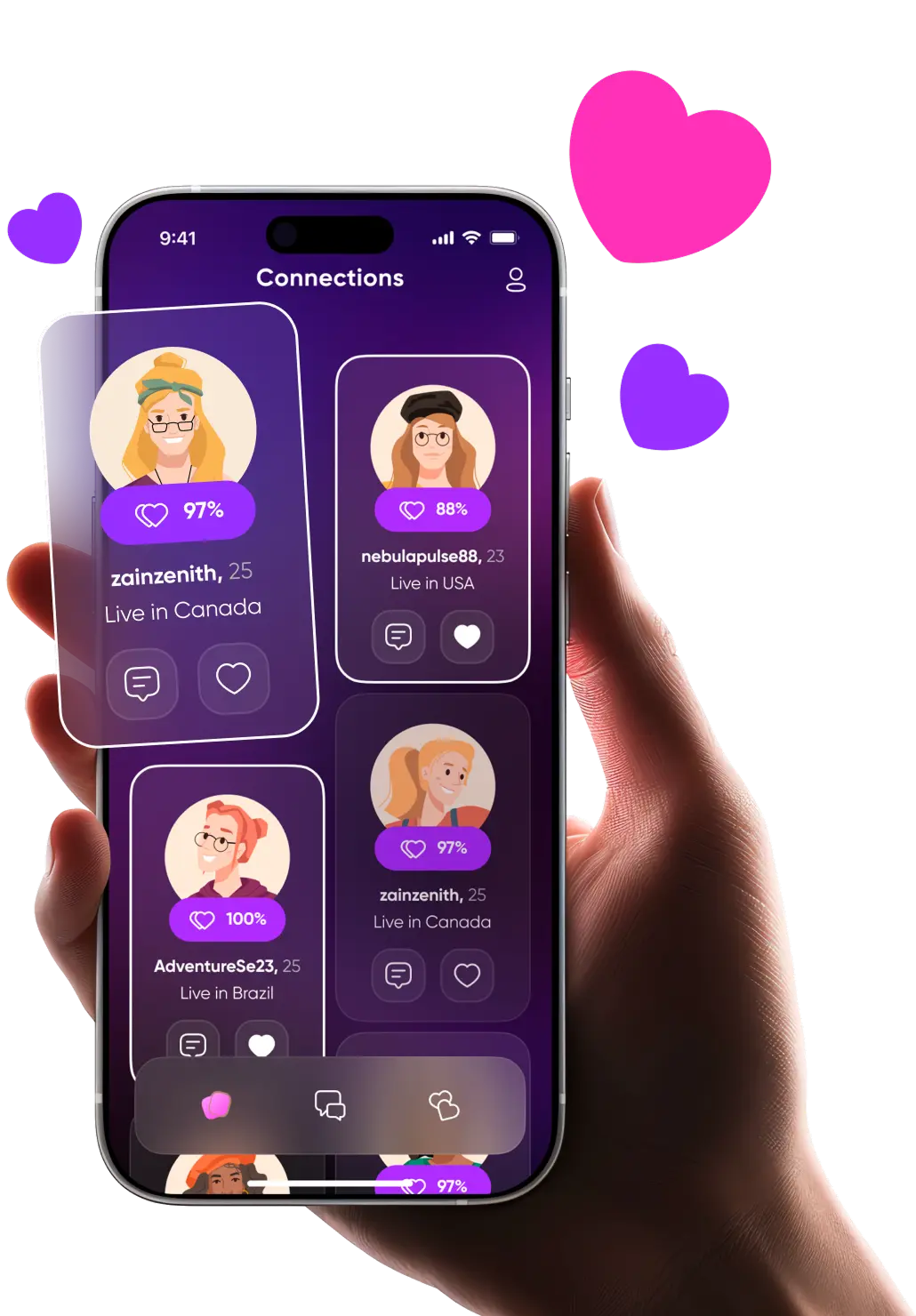 Hand holding a phone running the Buke dating app surrounded by heart icons.