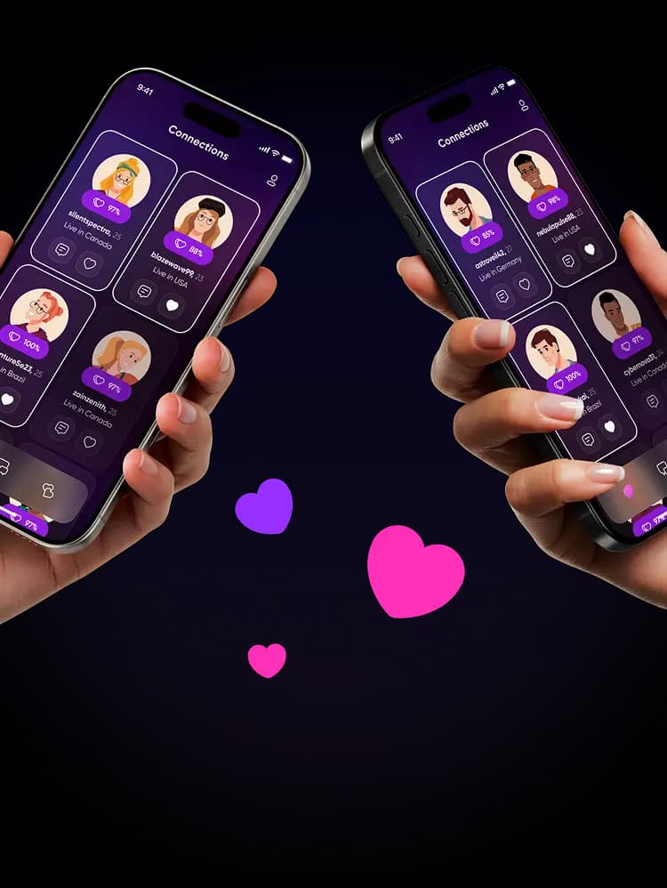 Two hands holding phones showing the Buke matches list, with heart icons around them.