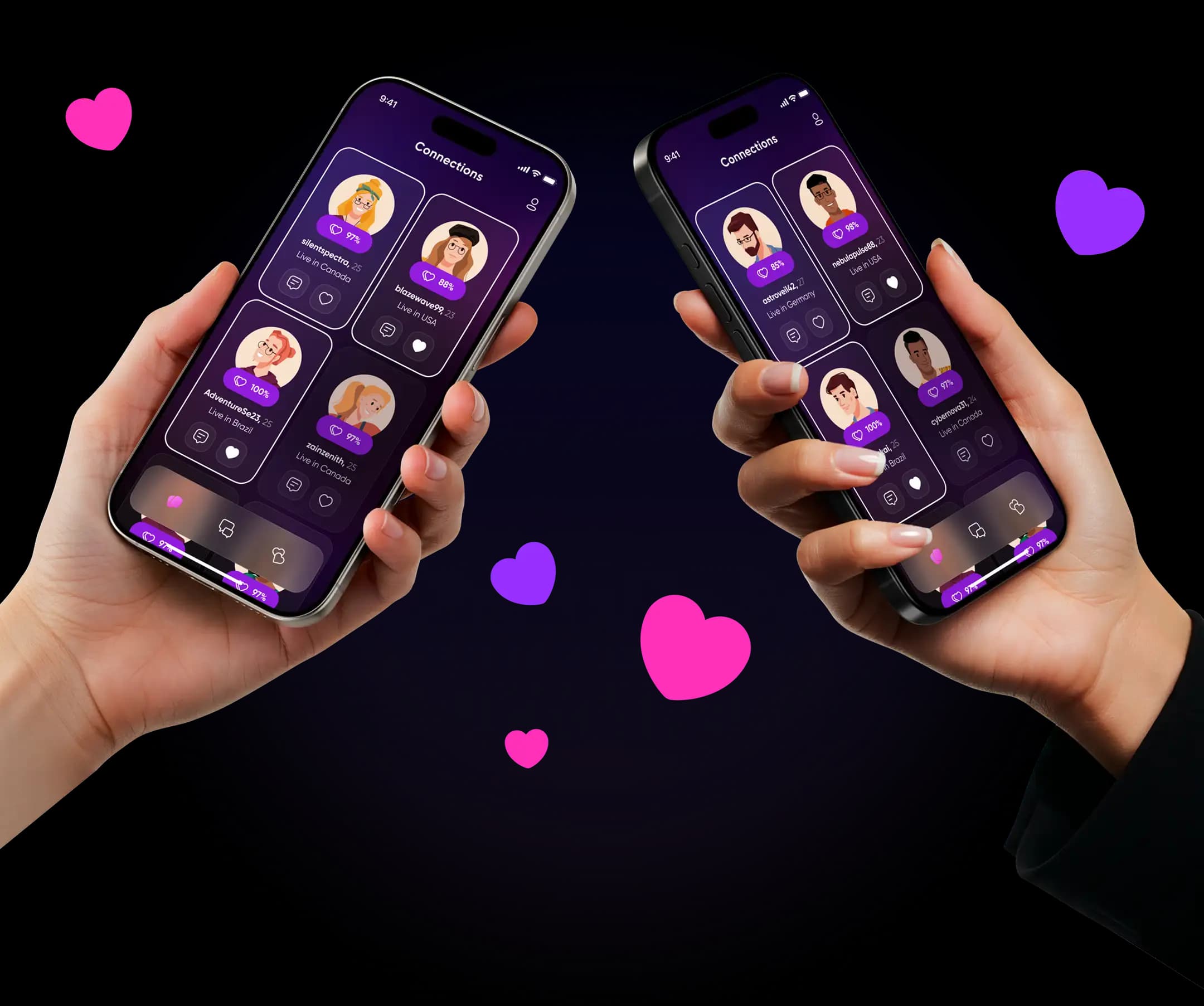 Two hands holding phones showing the Buke matches list, with heart icons around them.