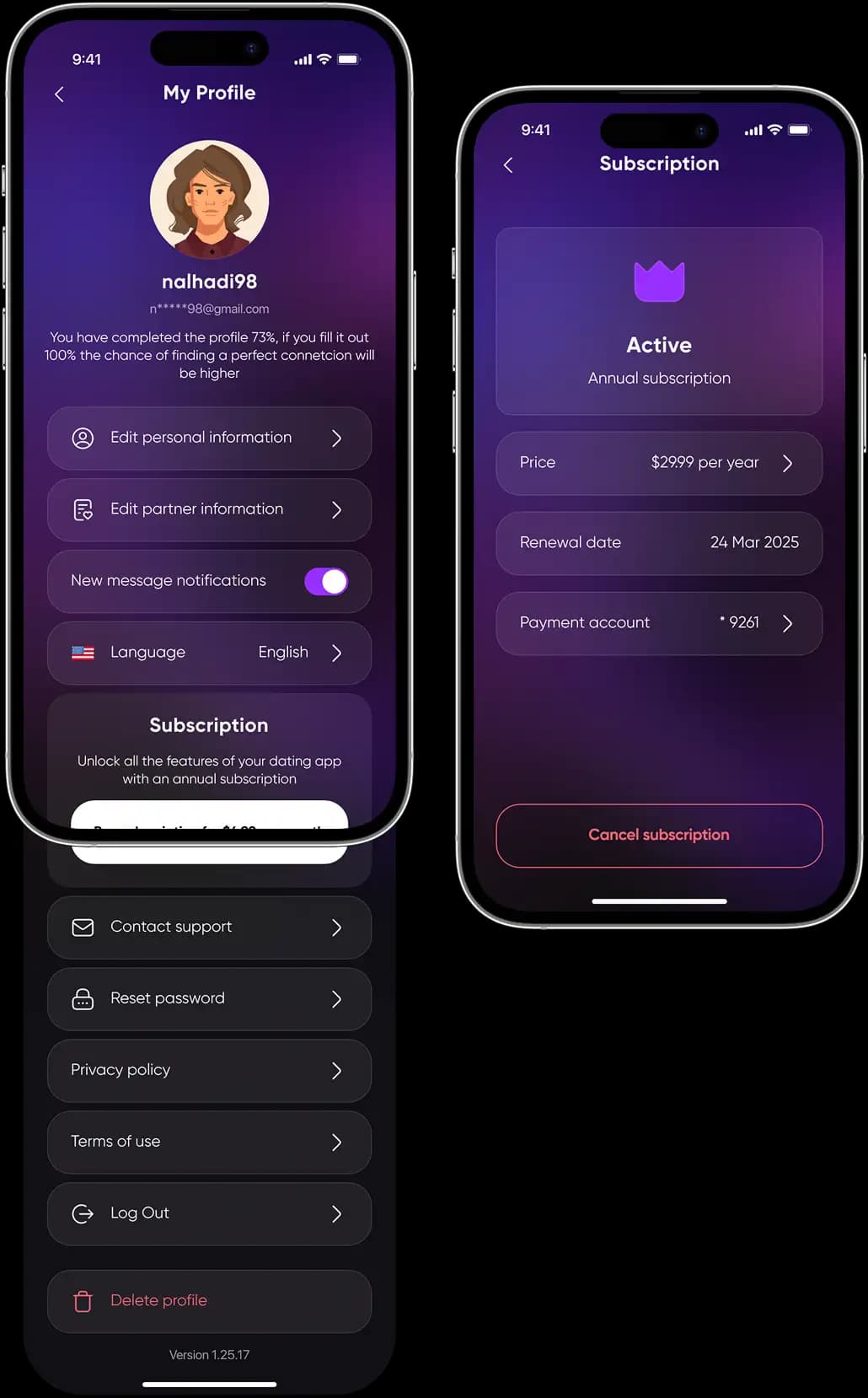 Buke profile and subscription screens showing settings, annual plan price and renewal date.