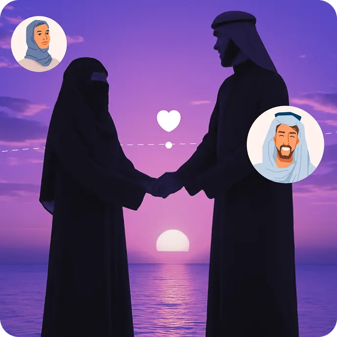 Couple silhouetted at sunset with Buke profile cards overlaid.