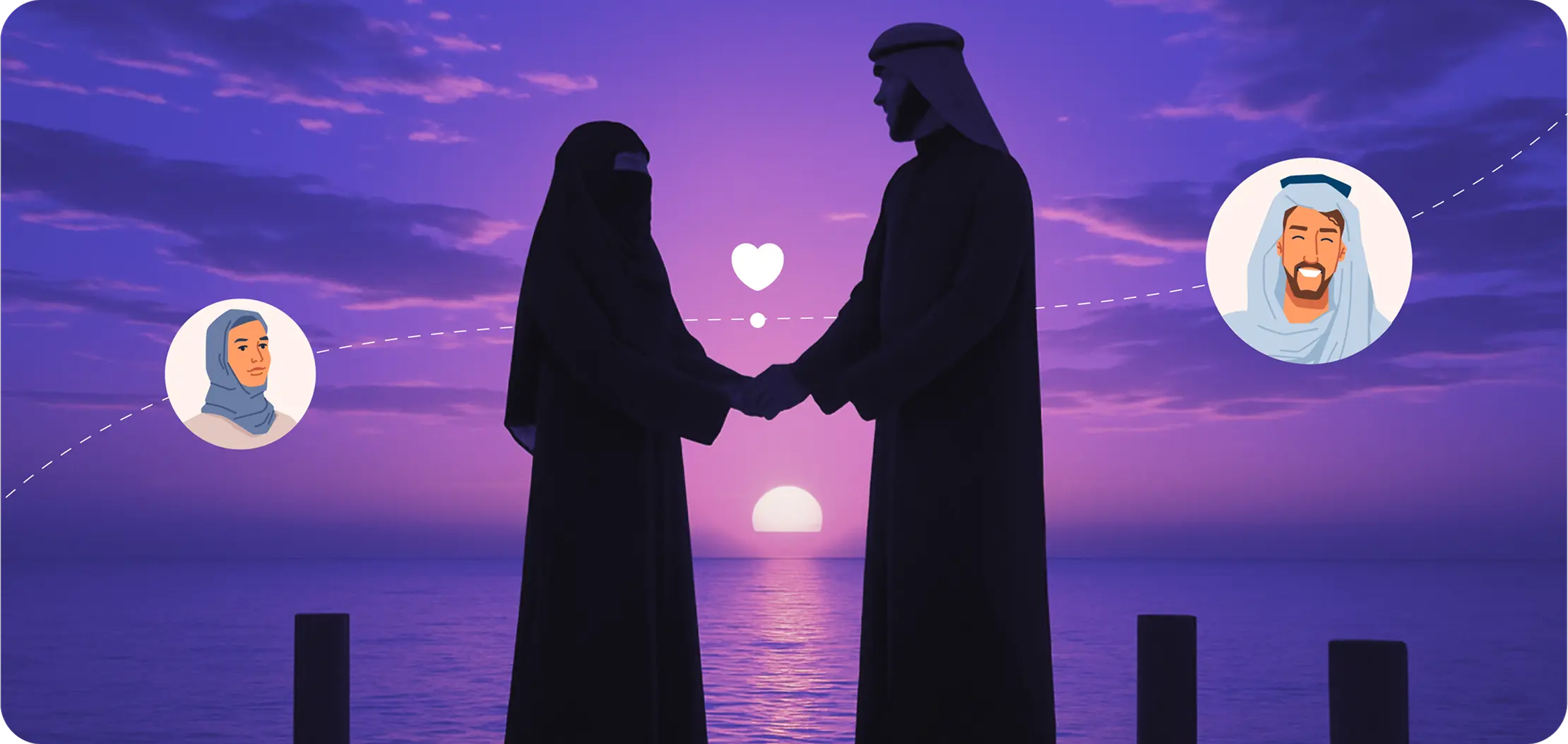 Couple silhouetted at sunset with Buke profile cards overlaid.