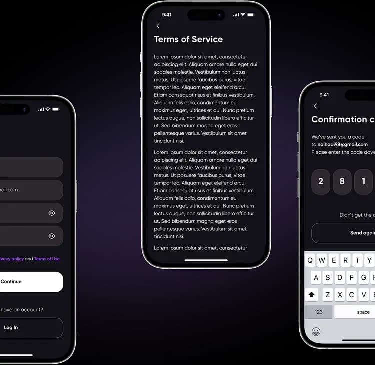 Phone screens showing the Buke account sign-up flow in dark theme.