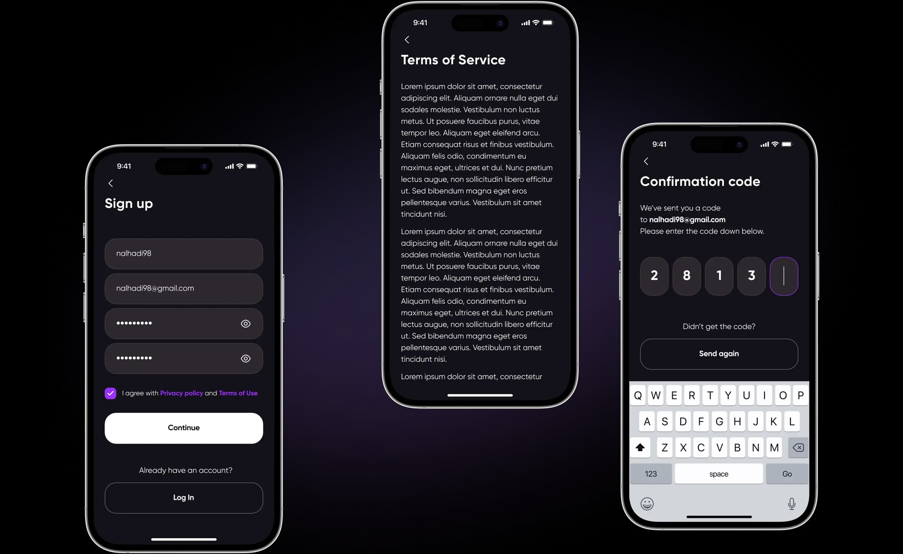 Phone screens showing the Buke account sign-up flow in dark theme.