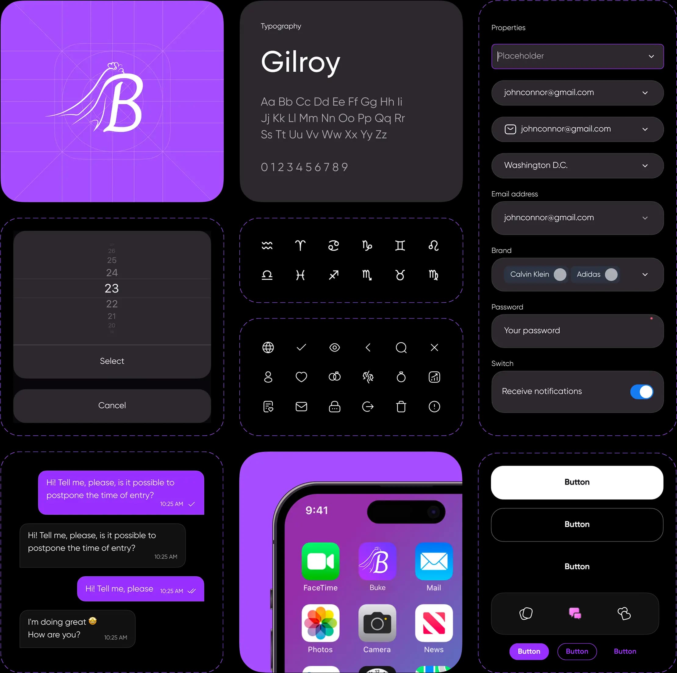 Buke design system board with UI components, typography, and color styles.