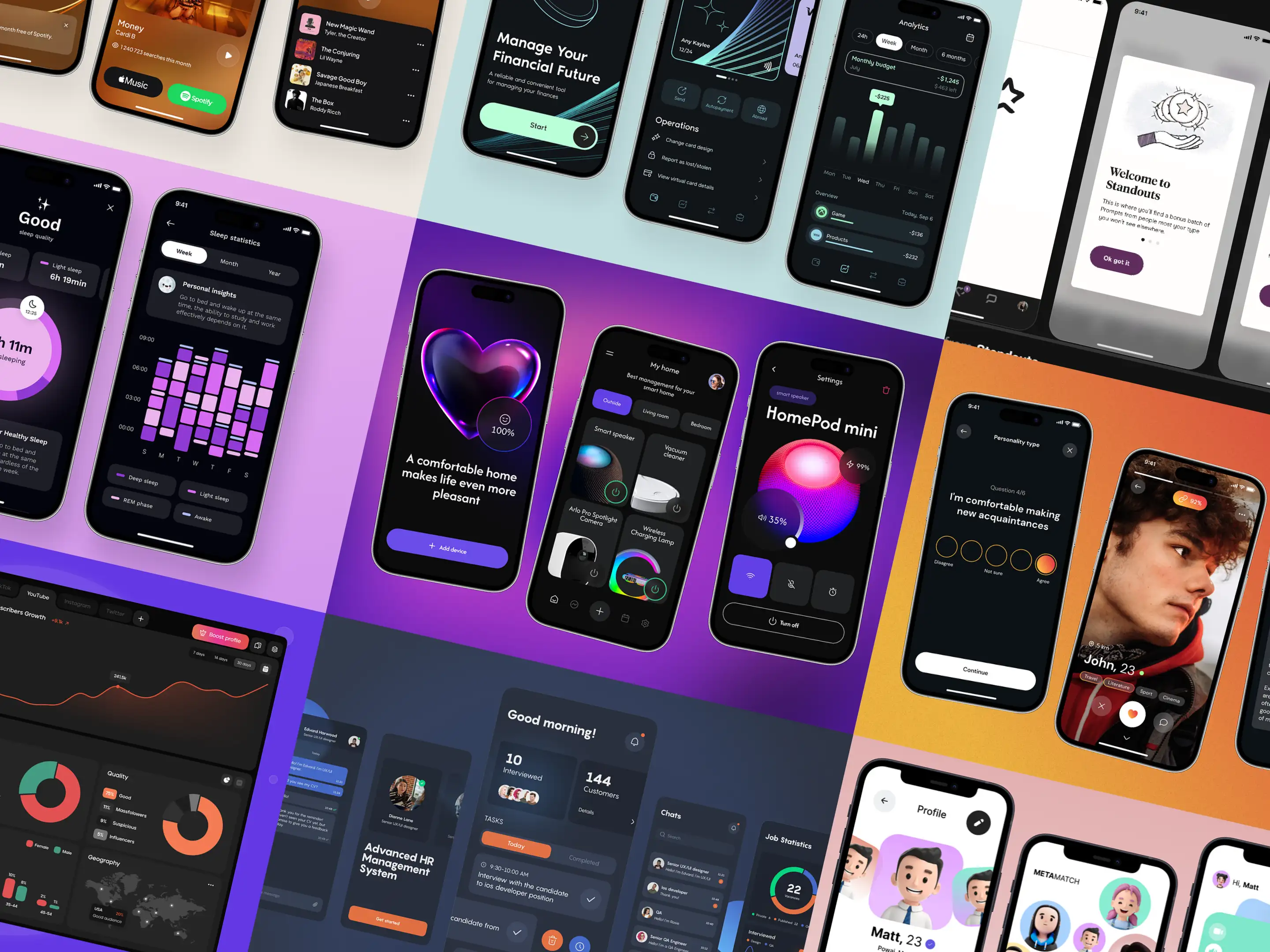 Collage of colorful mobile app design concepts shown to the client as visual references.