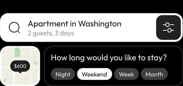 App search bar for an apartment in Washington with a filters button and a stay-duration selector offering Night, Weekend, Week and Month.