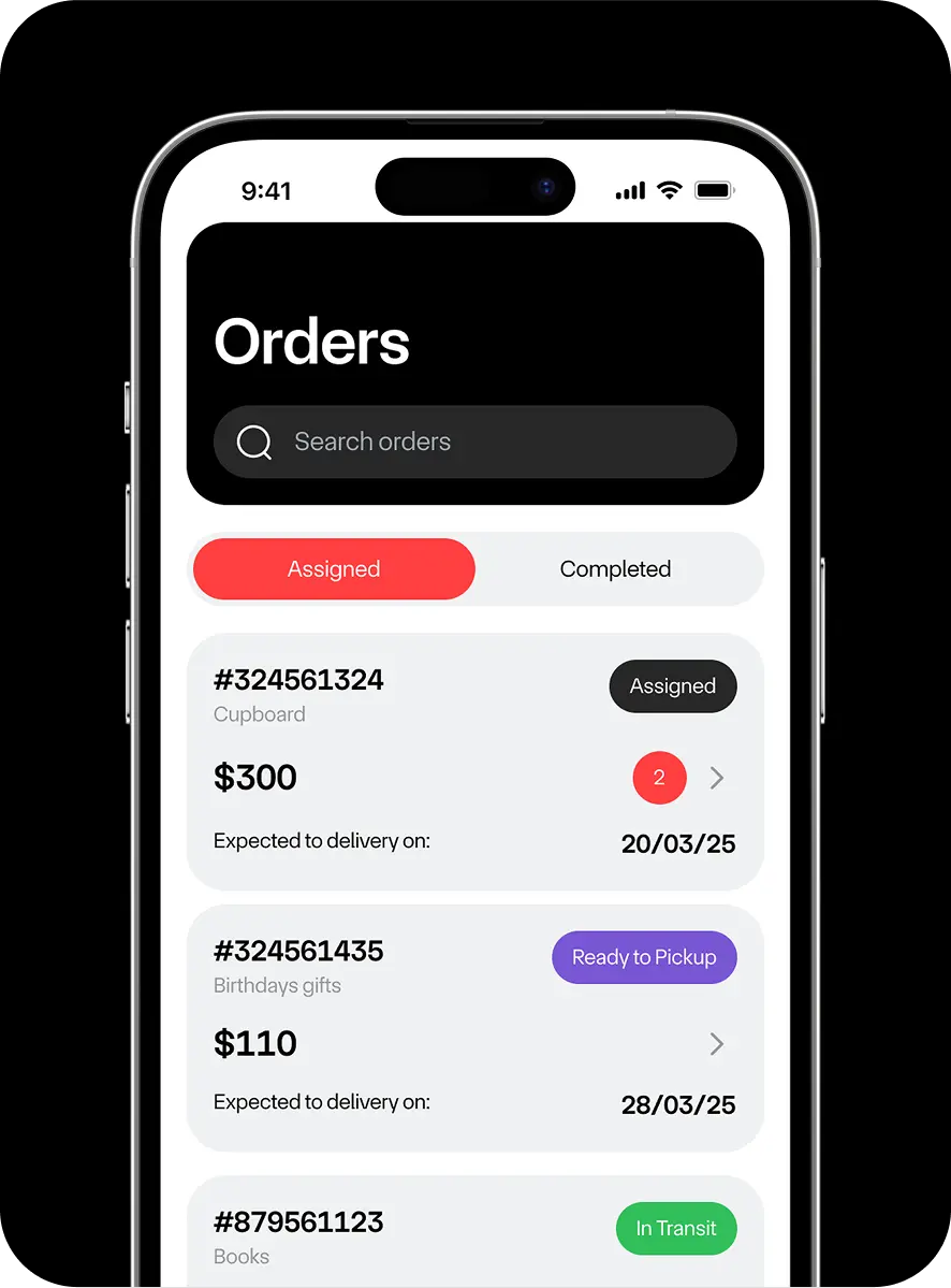 Mobile app orders list with assigned and completed delivery statuses.