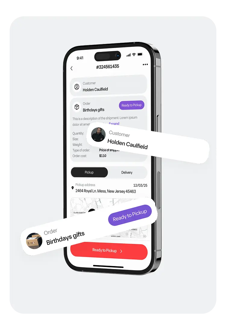Mobile app screen assigning a delivery order with customer details and route map.