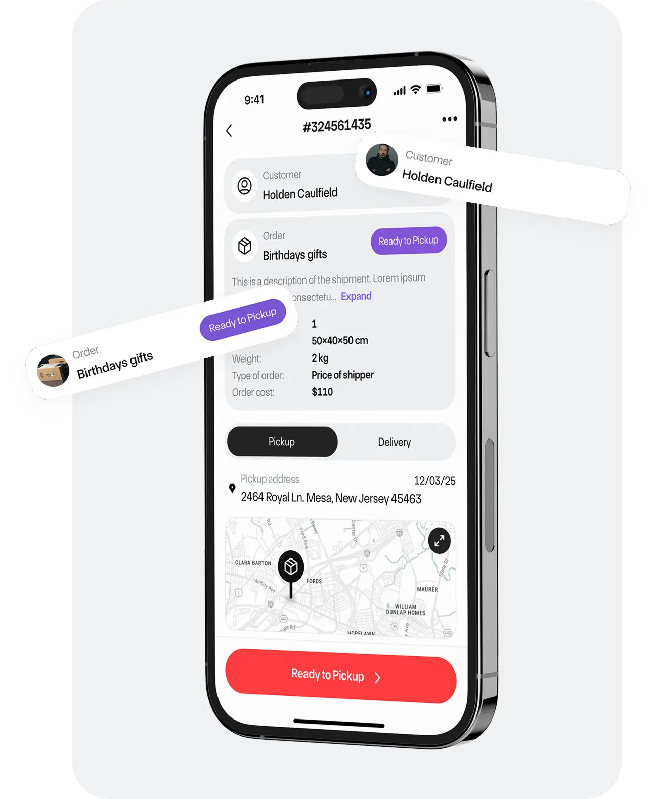 Mobile app screen assigning a delivery order with customer details and route map.
