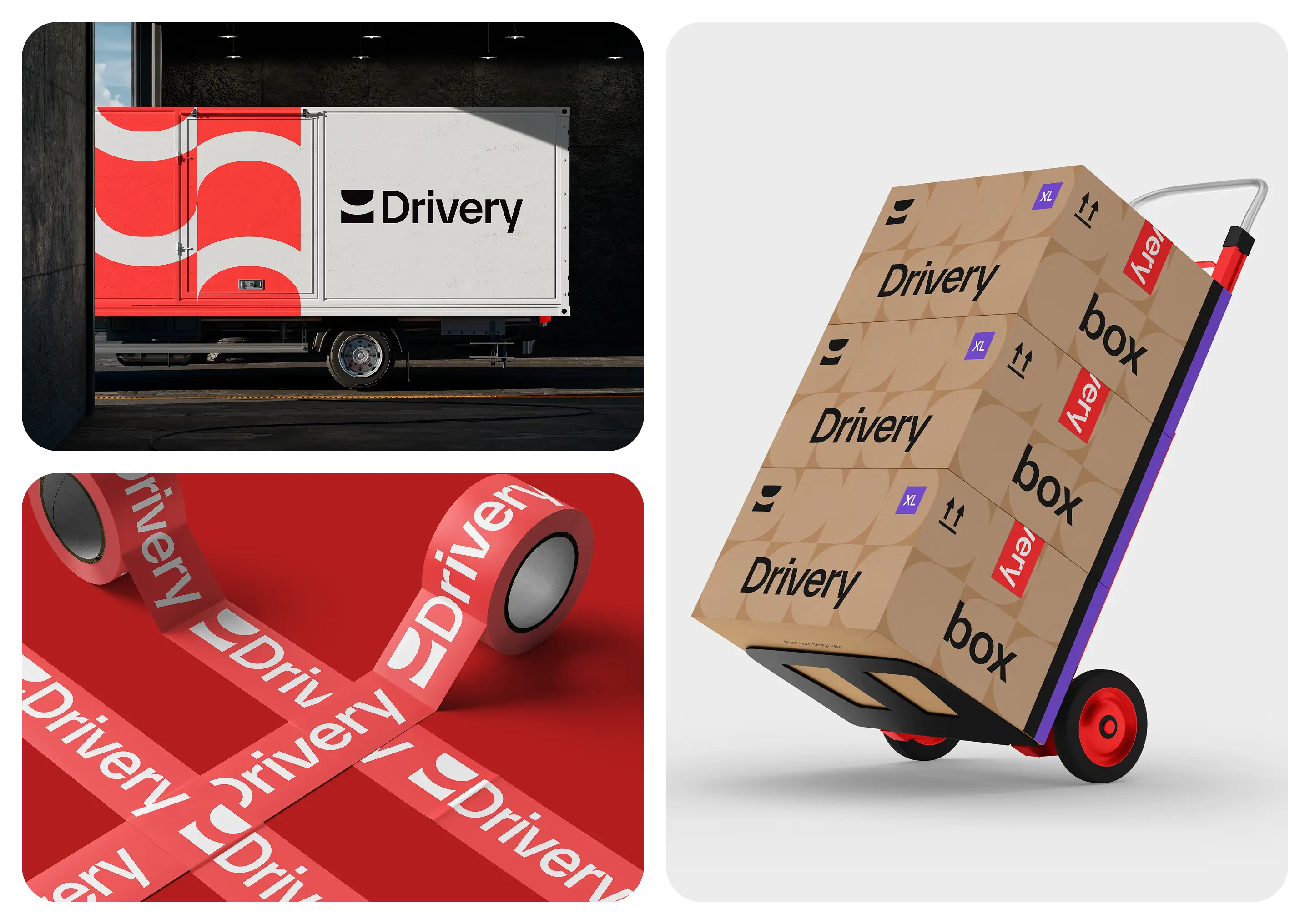 Drivery branding on a delivery truck, branded parcel boxes on a hand cart, and rolls of red branded packing tape.