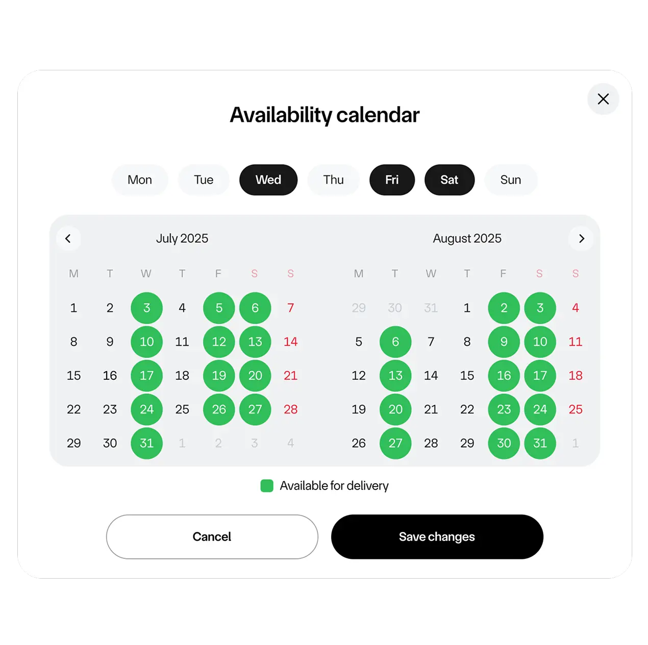 Drivery availability calendar showing delivery slots across two months.