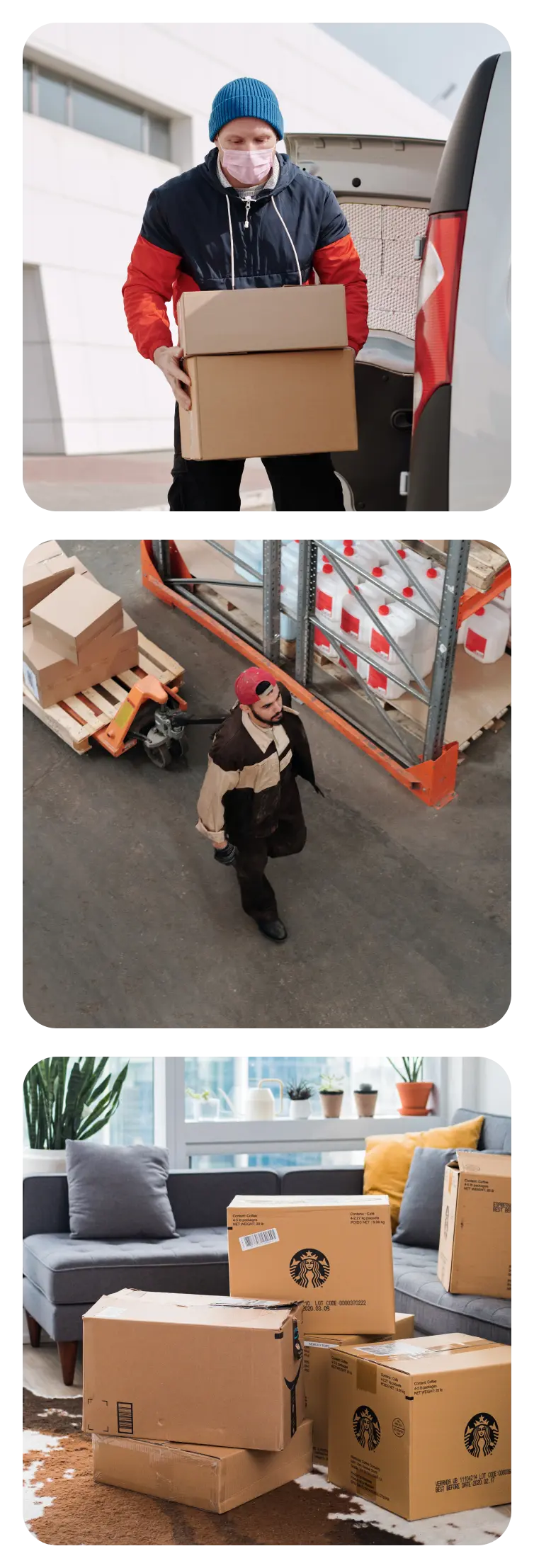 Drivery delivery stages: a courier unloading parcels, a warehouse worker and boxes delivered to a home.