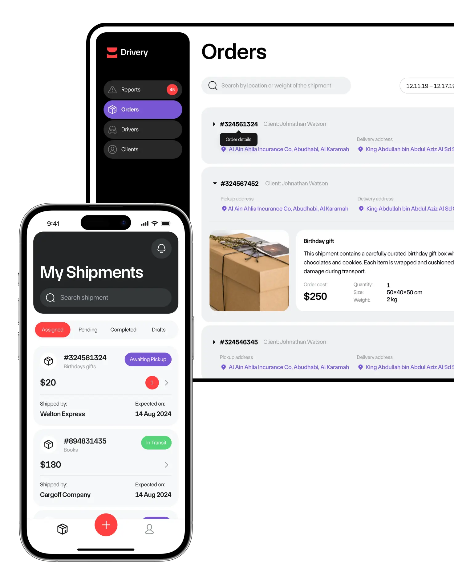 Drivery mobile and web interfaces showing order management dashboards.