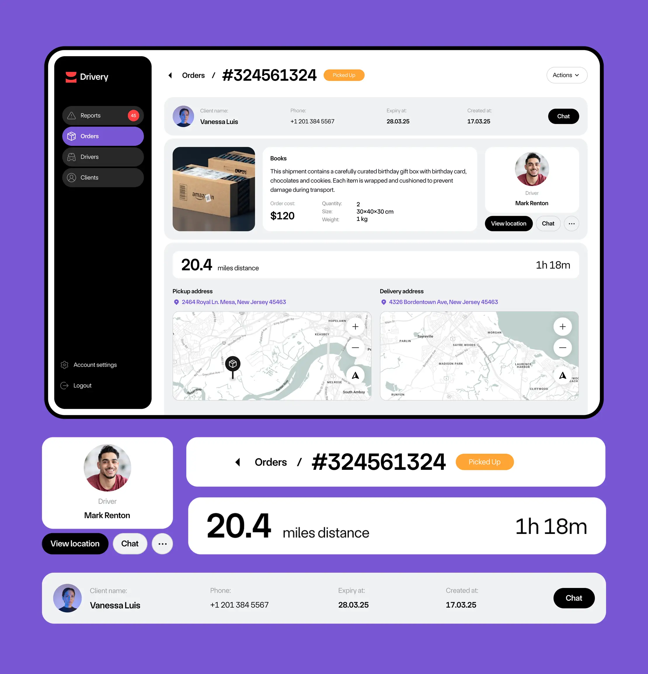 Drivery order detail card with driver, distance and estimated delivery time.