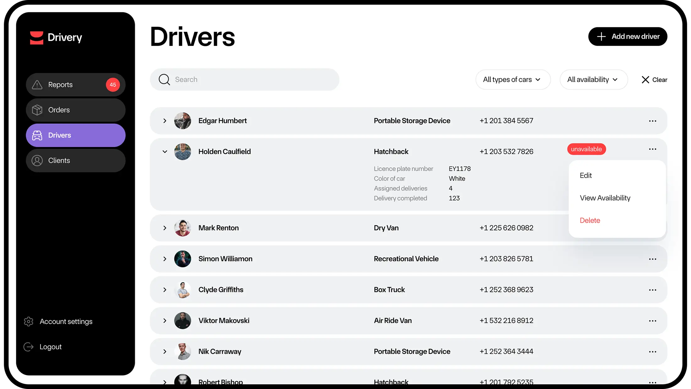 Drivery web dashboard listing couriers with search and availability filters.