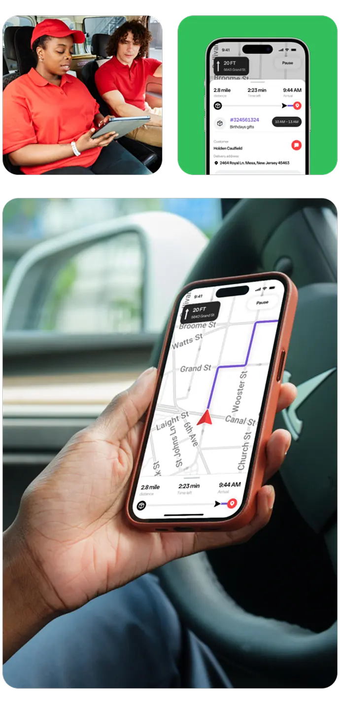 Courier driving while using the Drivery app to optimize a delivery route.