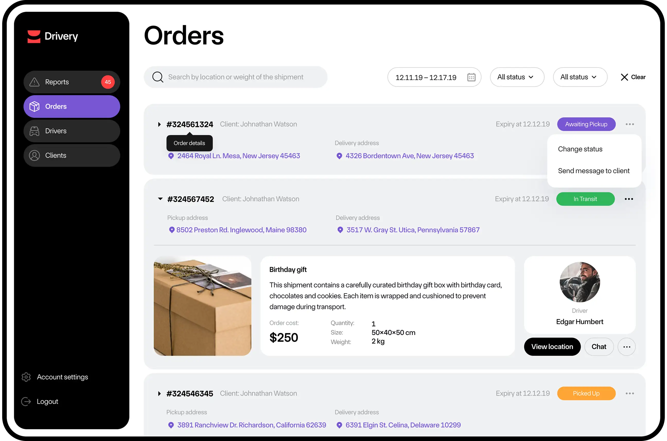 Drivery web order page listing orders with parcel details, addresses and driver info.