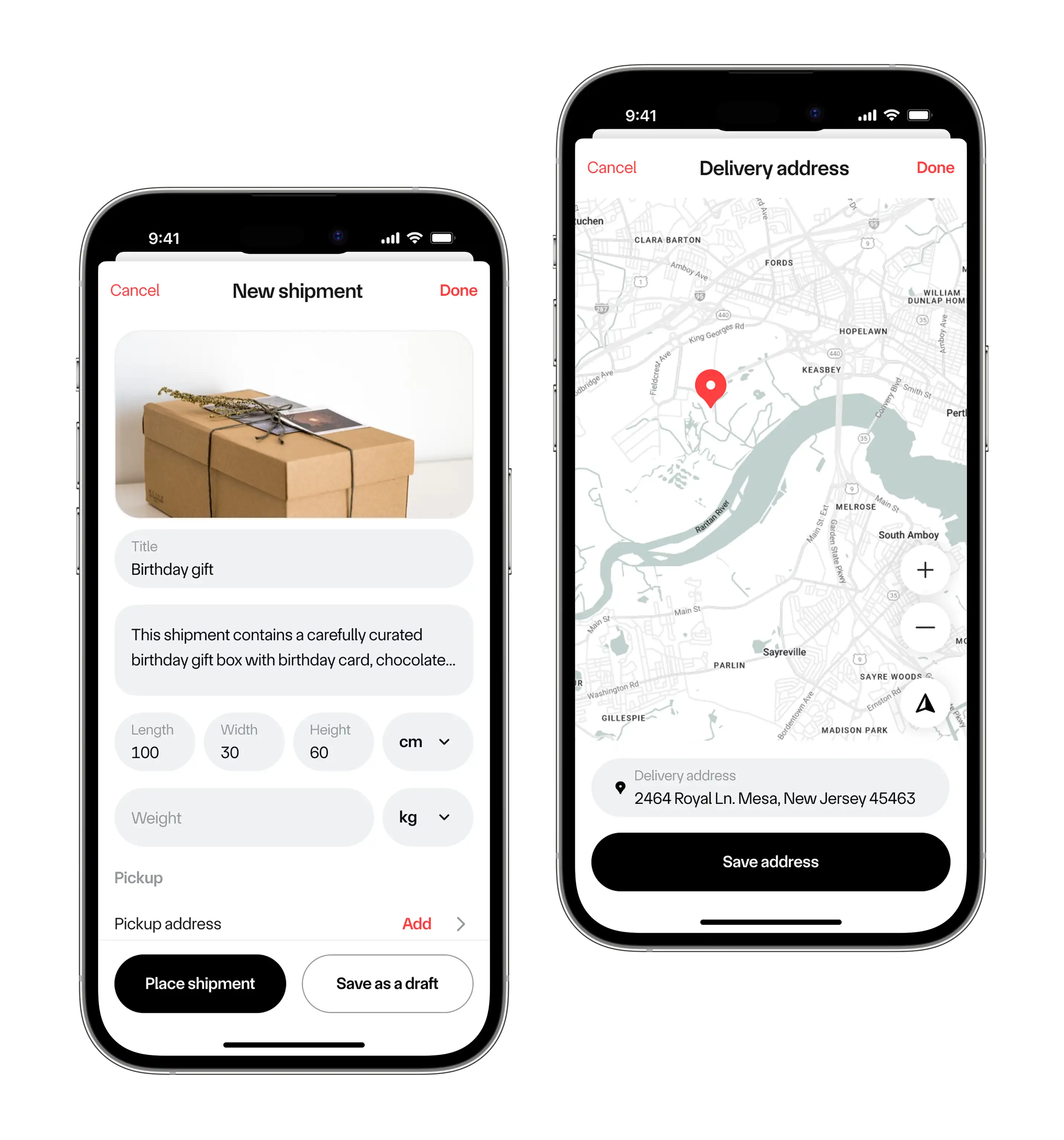 Two Drivery mobile screens: a new shipment form with parcel photo and size, and a delivery address picker with a map pin.