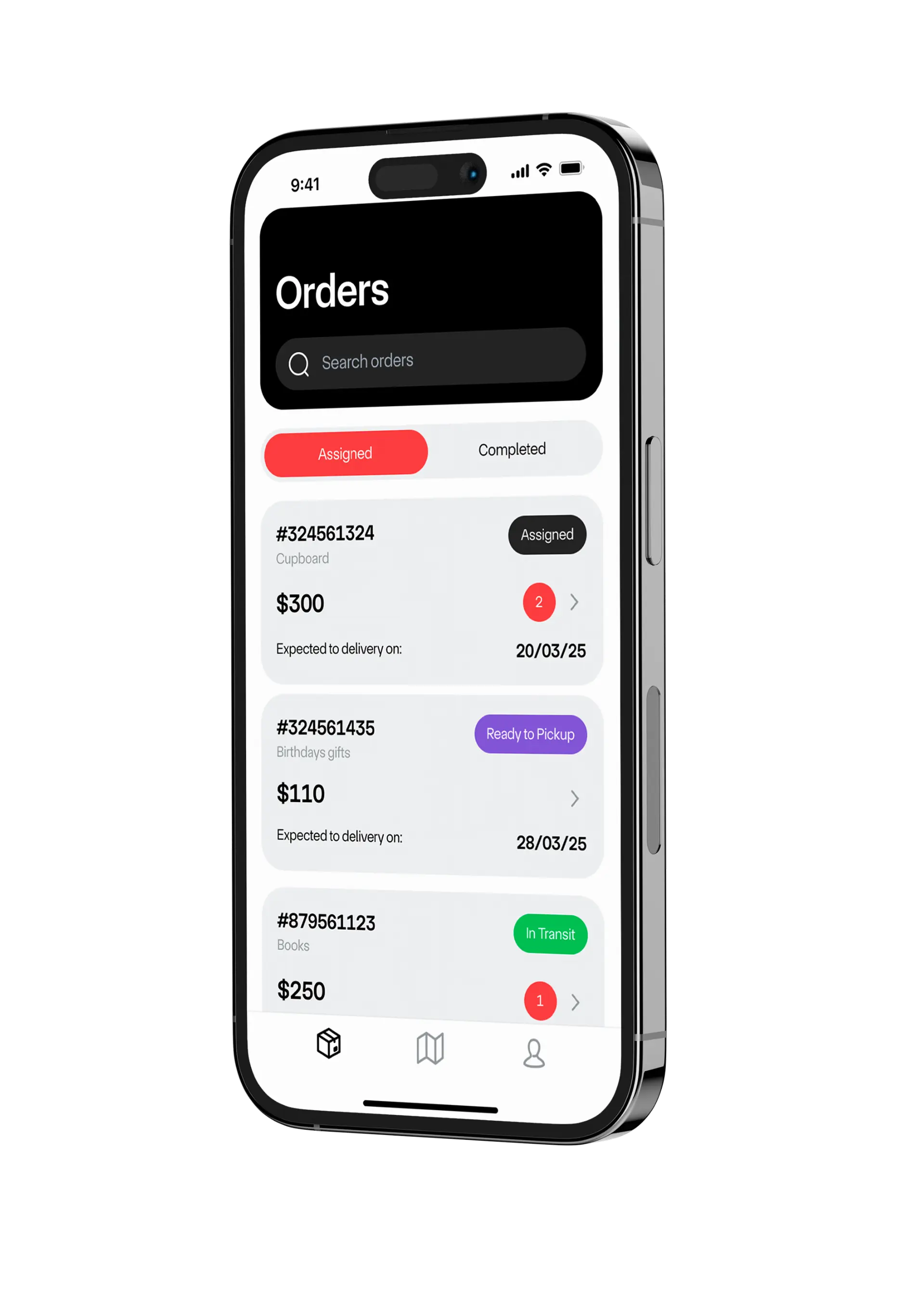 Drivery mobile orders screen listing shipments with their delivery statuses.