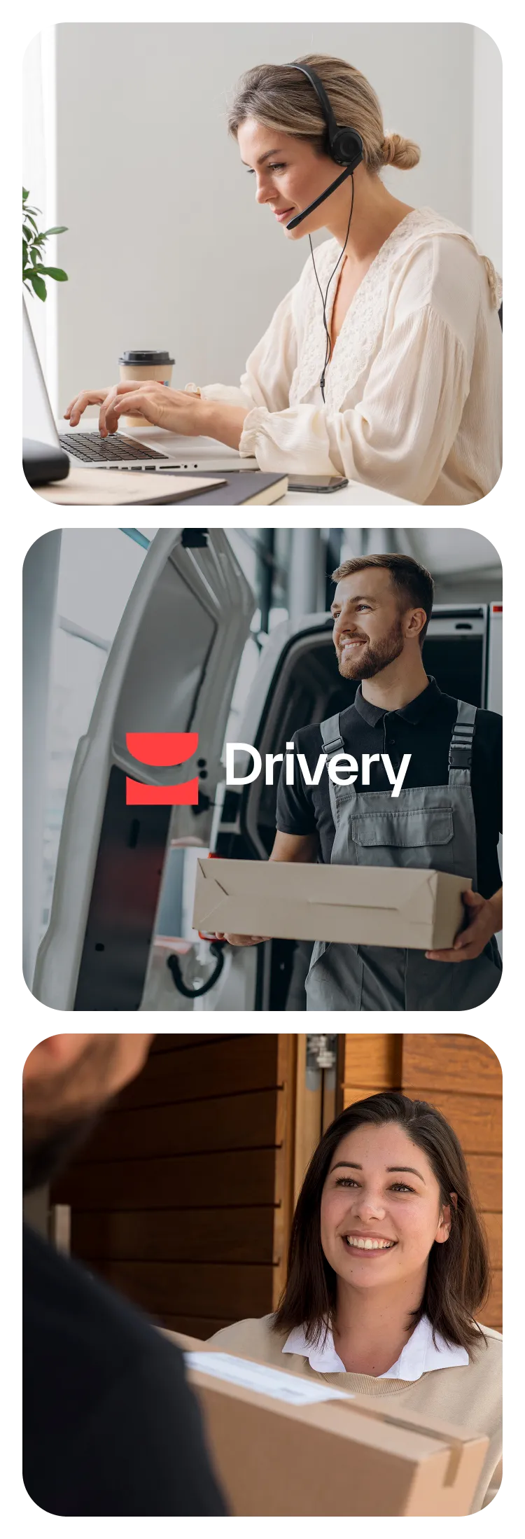 Drivery workflow with a support operator, courier carrying a parcel and customer receiving a delivery.