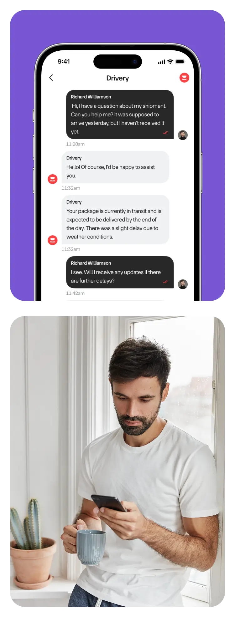Drivery mobile support chat screen beside a man reading a message on his phone by a window.
