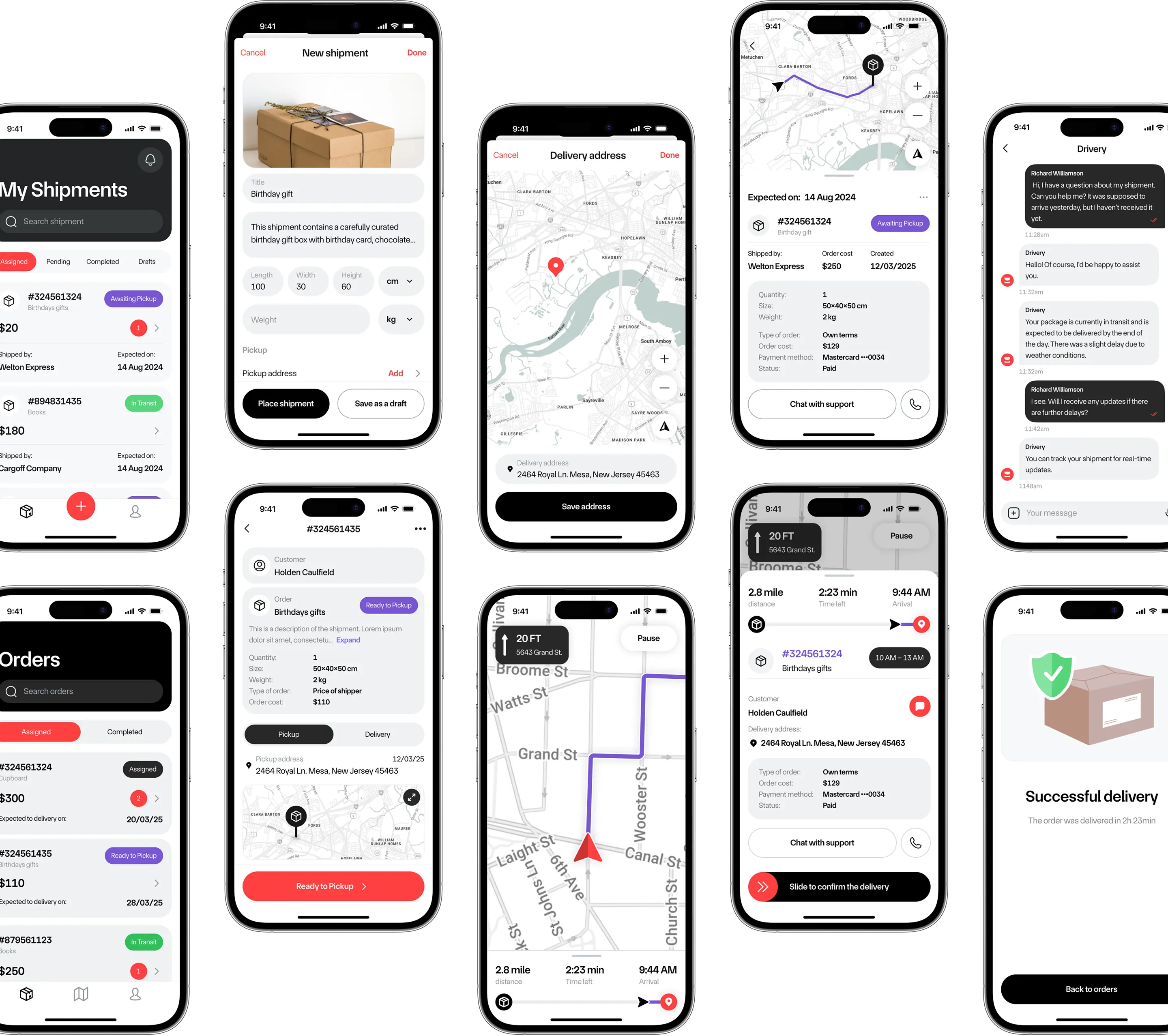 Grid of Drivery mobile app screens covering orders, tracking and delivery flows.
