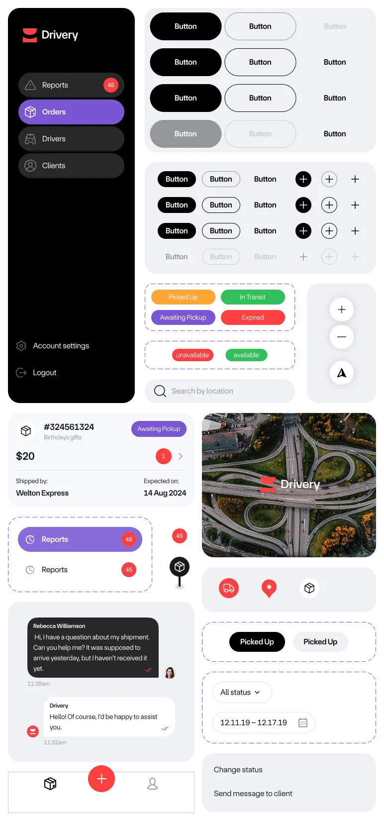 Drivery UI kit with buttons, status chips, cards, form fields and navigation elements.