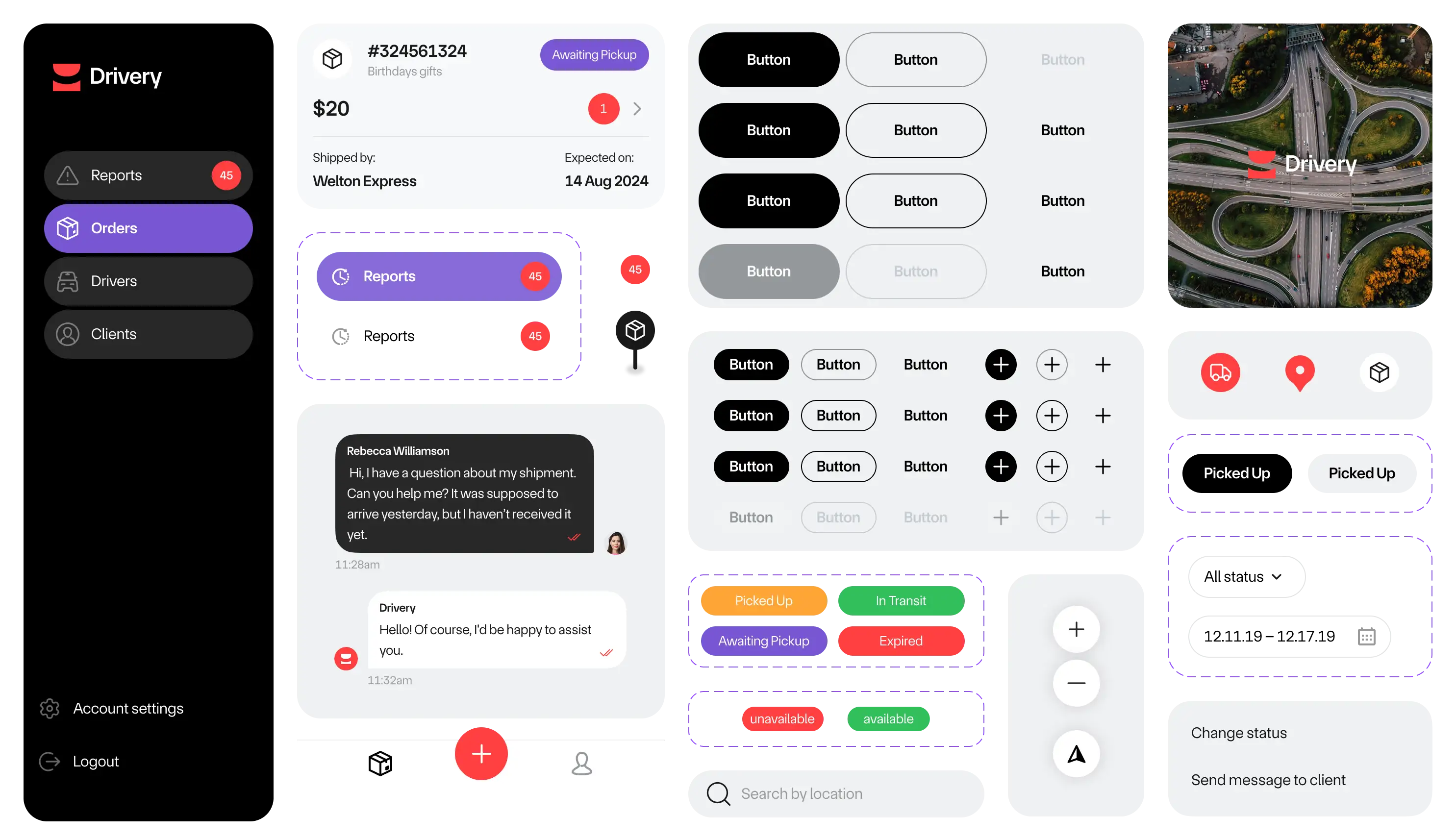 Drivery UI kit with buttons, status chips, cards, form fields and navigation elements.