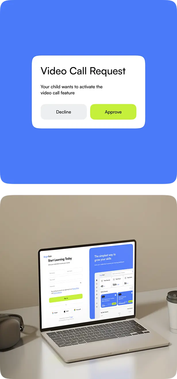 Parental approval dialog for a video call request beside a laptop with the sign-up screen.