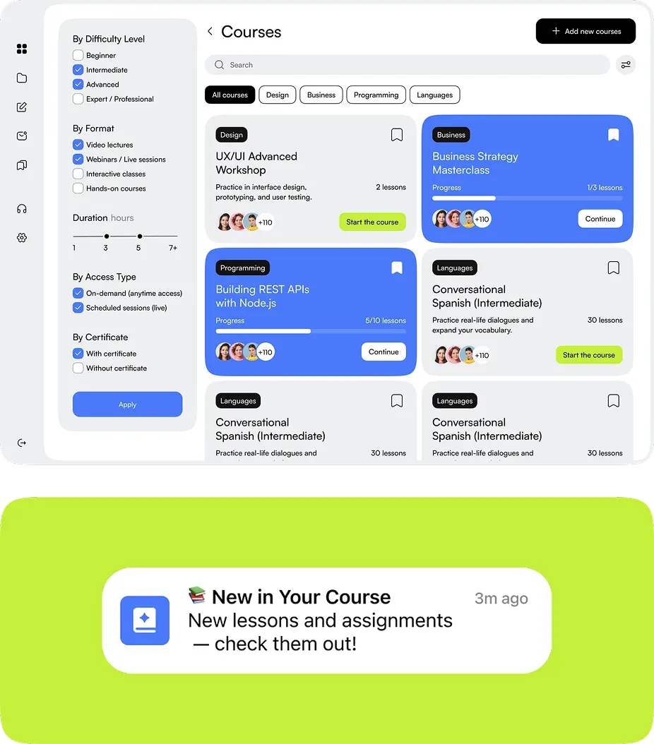 Course catalog with lesson cards beside a push notification about new lessons.