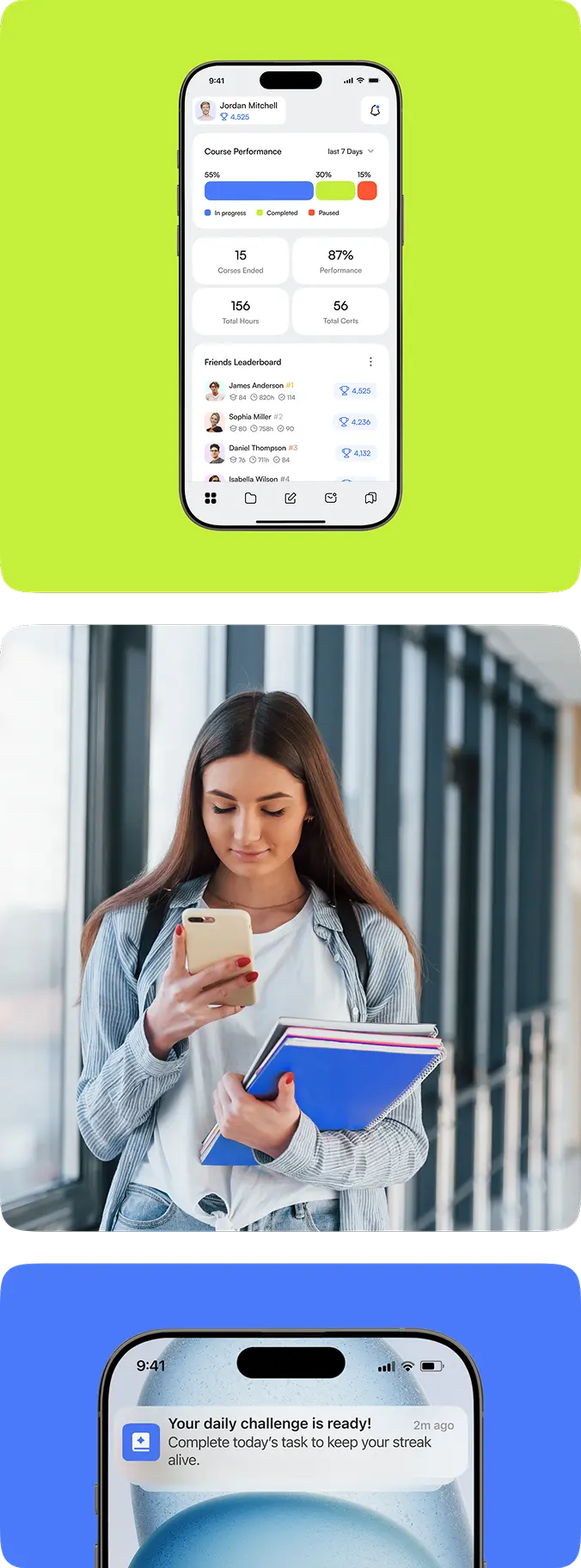 Mobile app screens paired with learner photos in a collage.