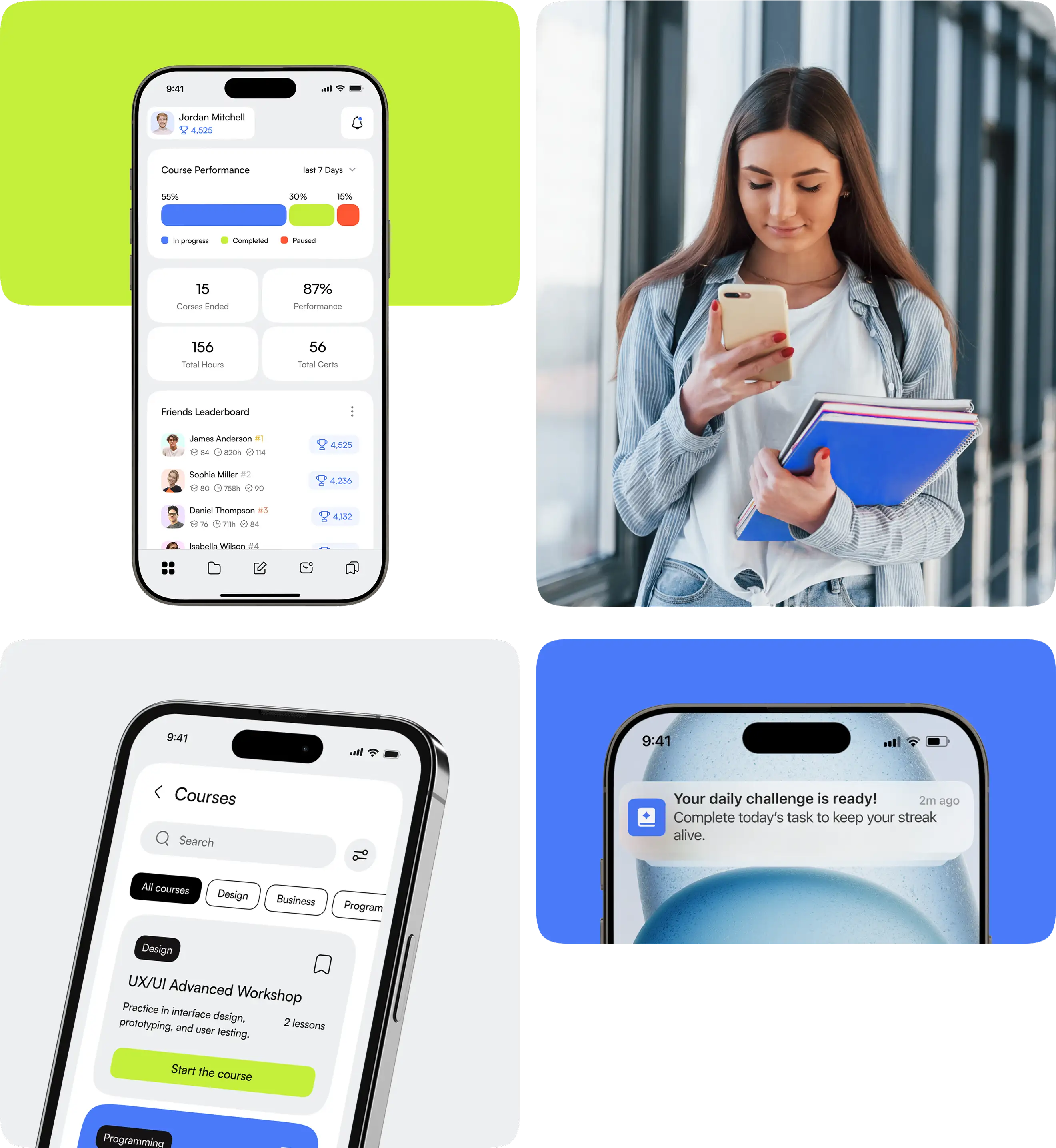 Mobile app screens paired with learner photos in a collage.