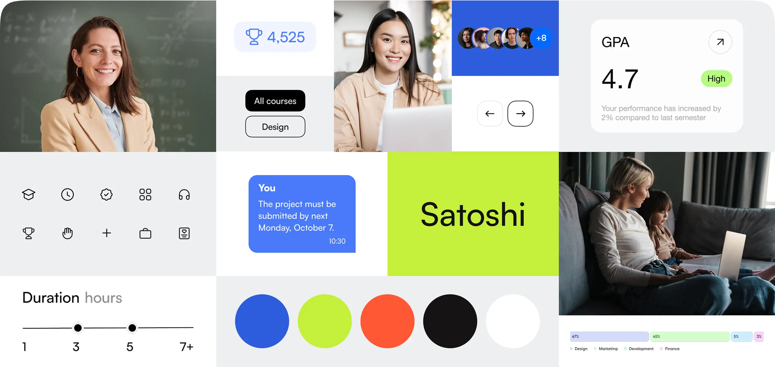 Moodboard with learner photos, color swatches, and UI components.