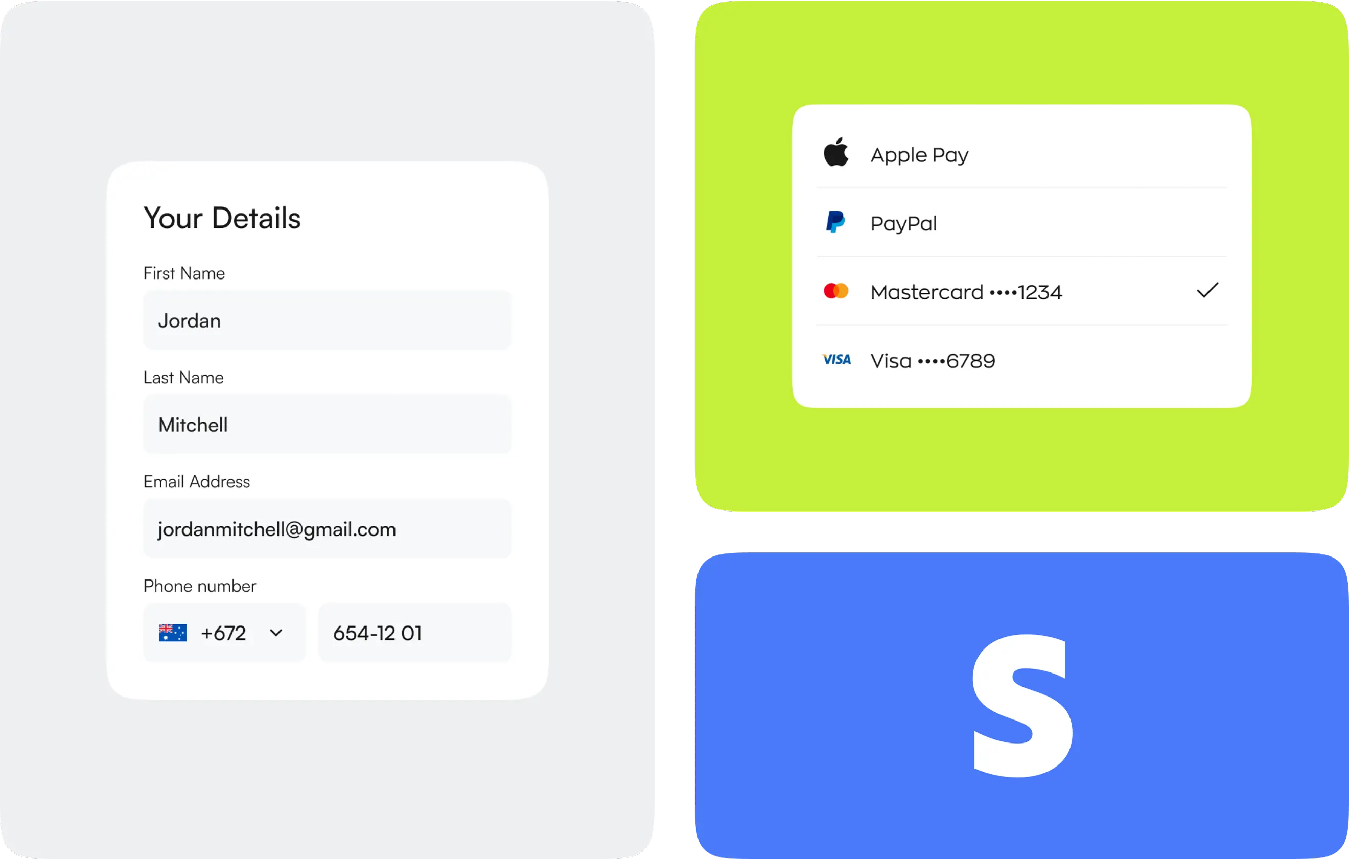 Payment UI panels integrated with Stripe checkout.
