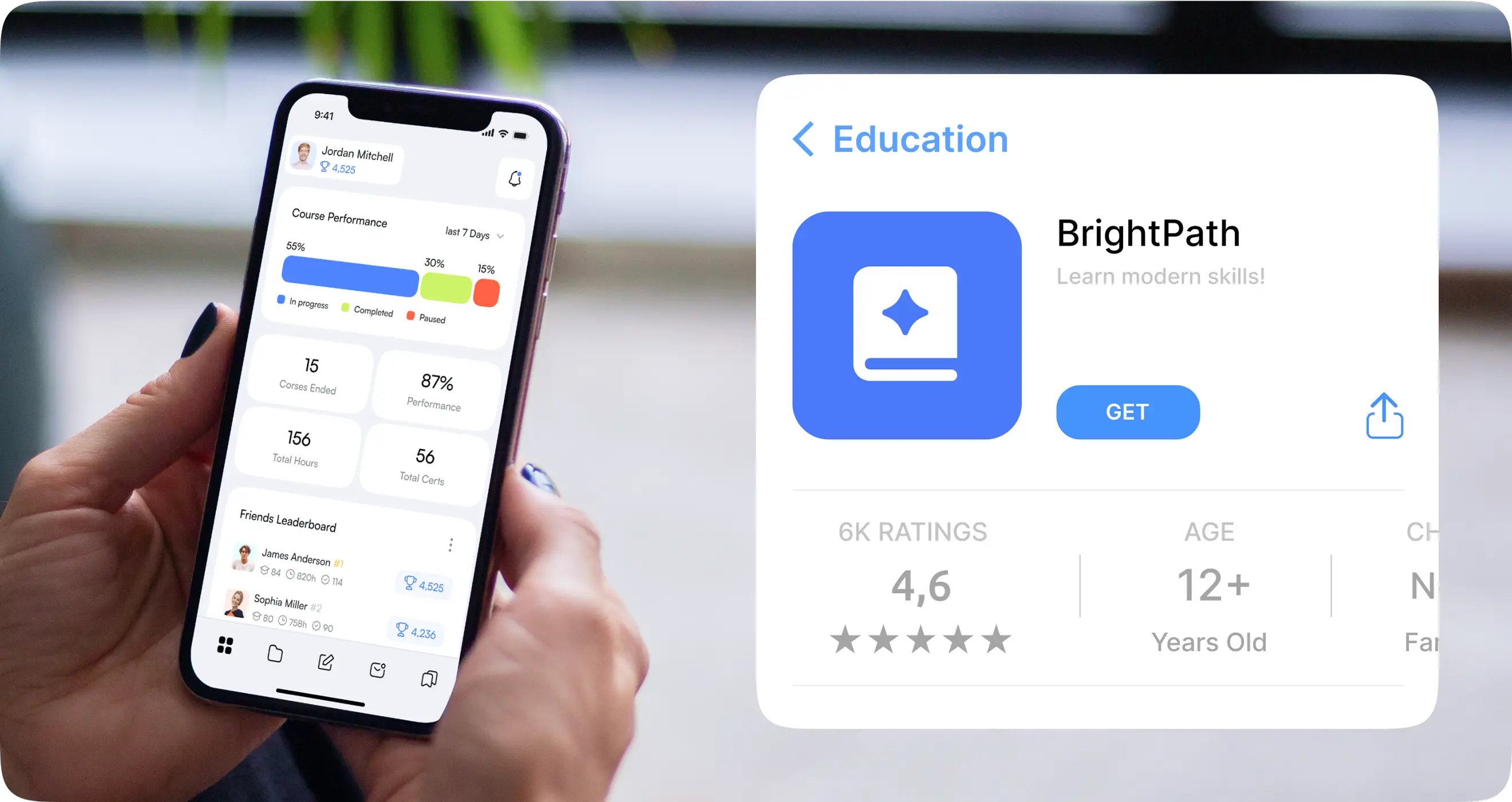 Hands holding a phone with the app beside its App Store listing rated 4.6 stars.