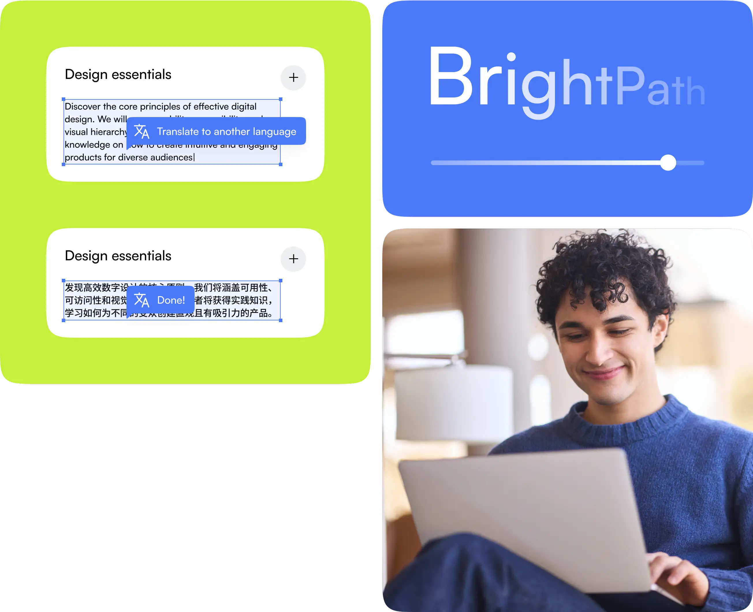 Lesson card translated from English to Chinese beside the brand panel and a young man studying on a laptop.