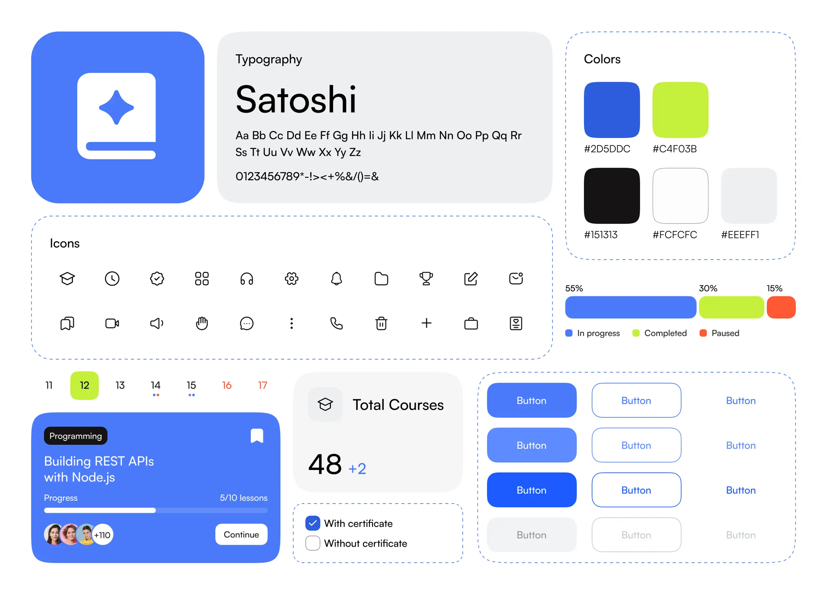 UI kit with buttons, cards, and color palette components.