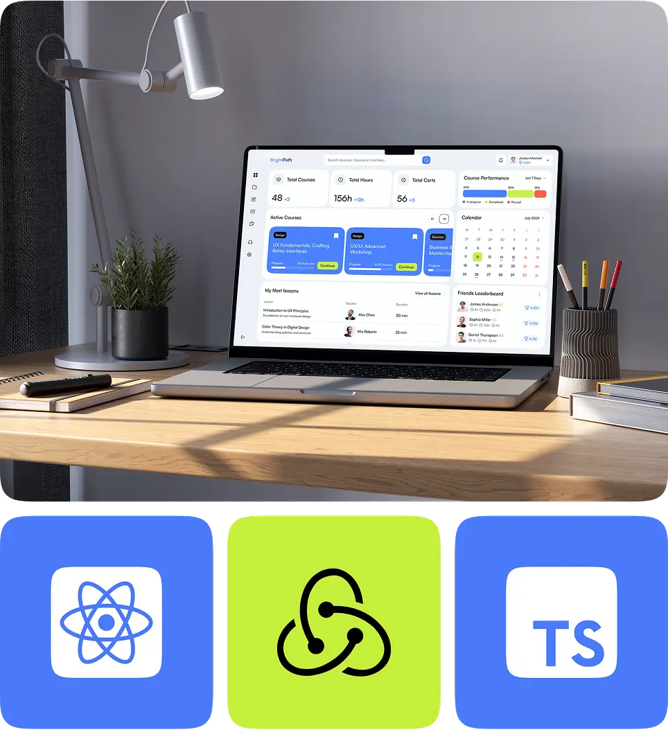 Laptop showing the web platform with React, Redux, and TypeScript logos.