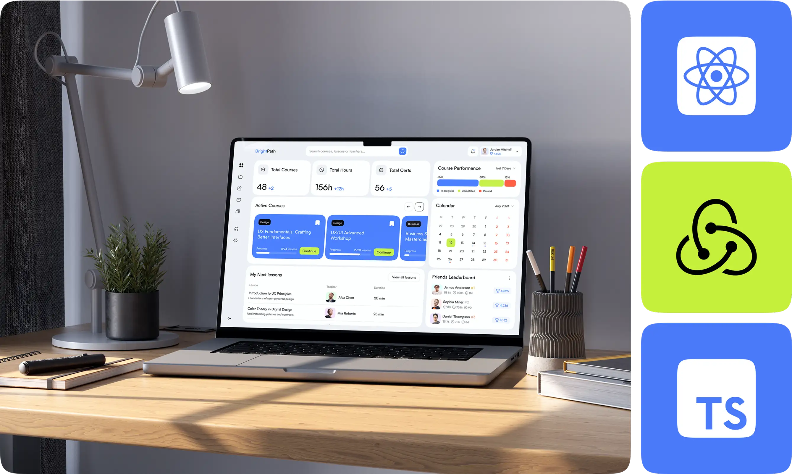 Laptop showing the web platform with React, Redux, and TypeScript logos.