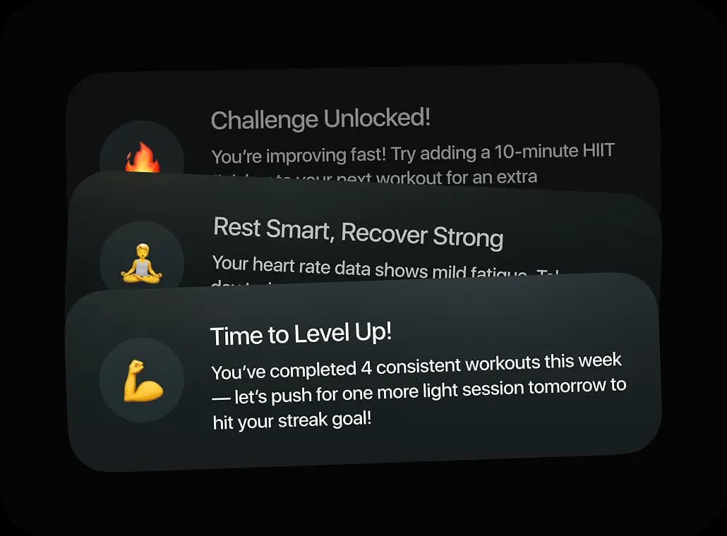 Dark screen with AI chat cards suggesting personalized workouts.