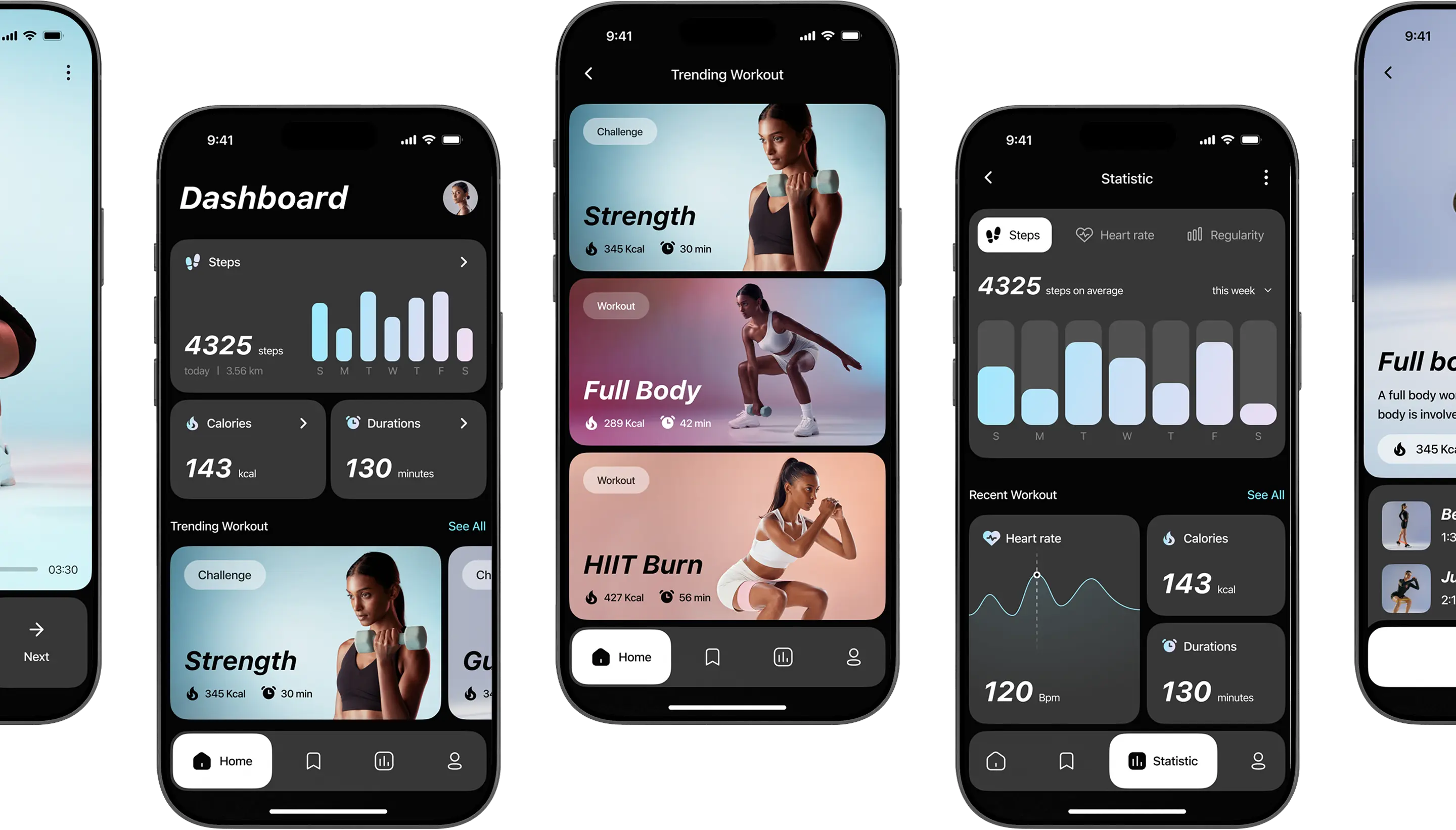 Phone mockups showing dashboard and statistics screens of the fitness app concept.