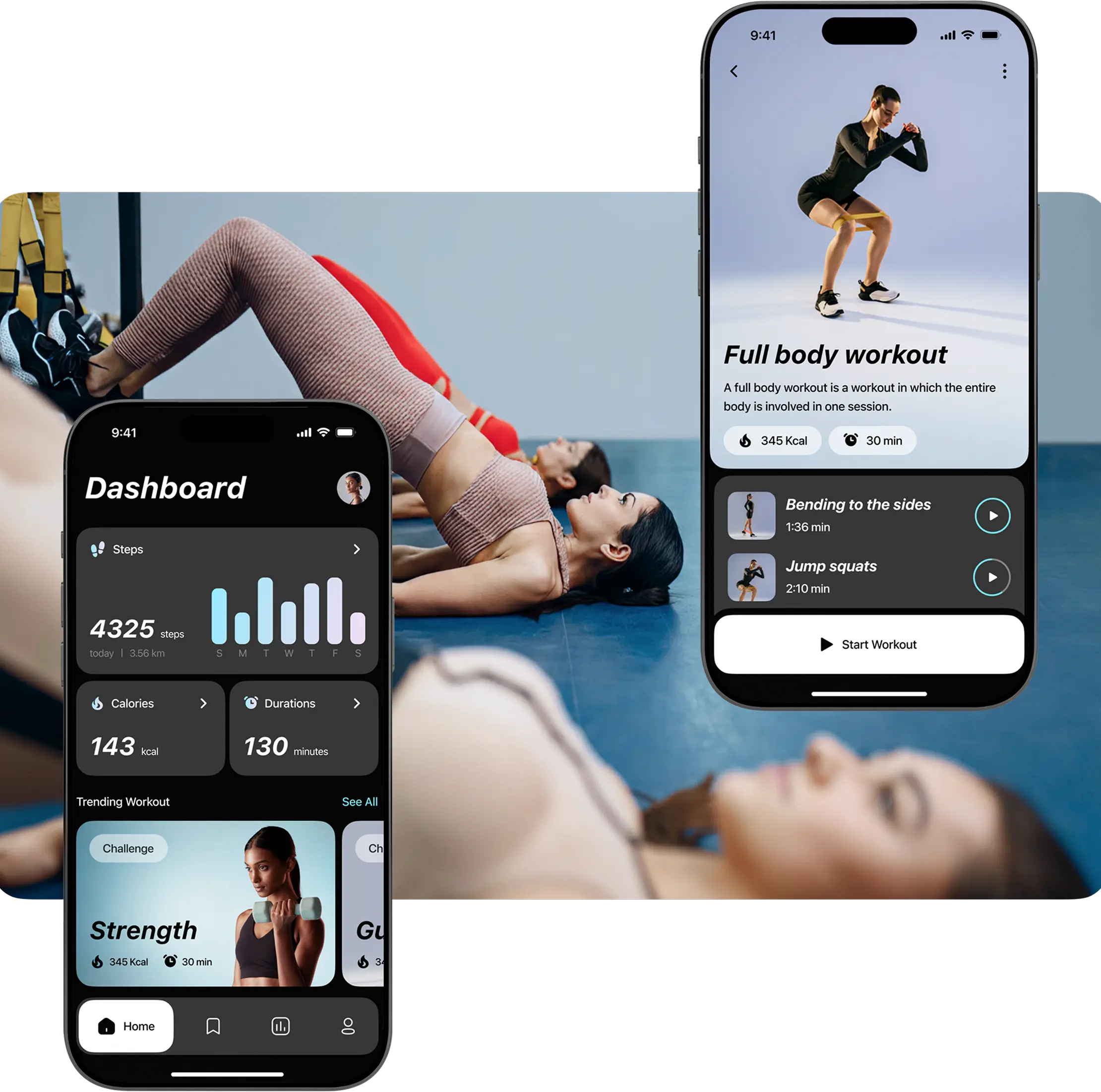 Two phone mockups displaying workout screens of the fitness app.