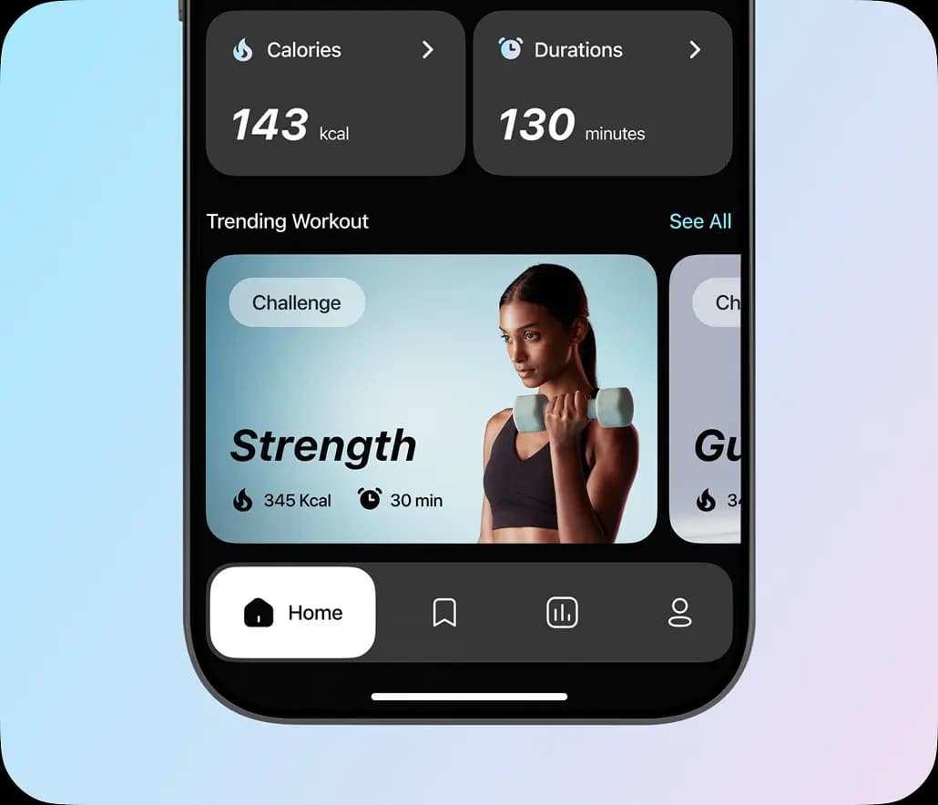 Mobile mockup showing the fitness app home screen with workout stats.
