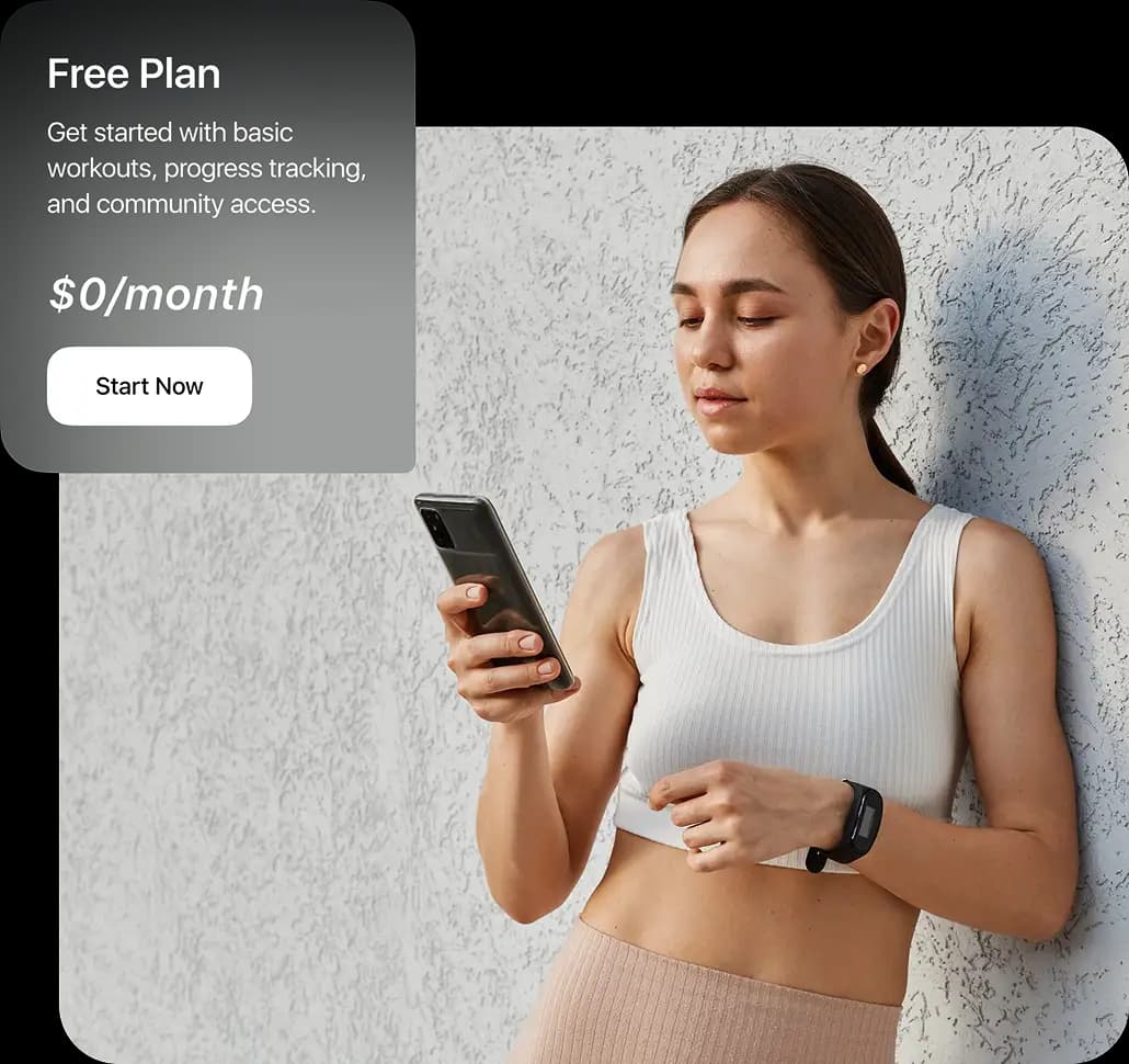 Woman holding a phone next to the fitness app's Free Plan pricing card.