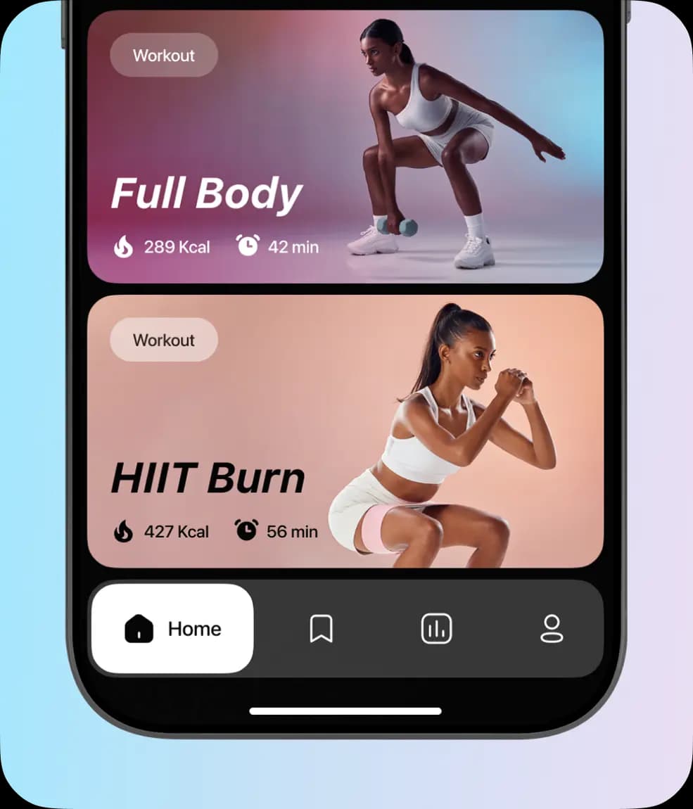 Phone showing Full Body and HIIT Burn workout cards above the app's bottom navigation.