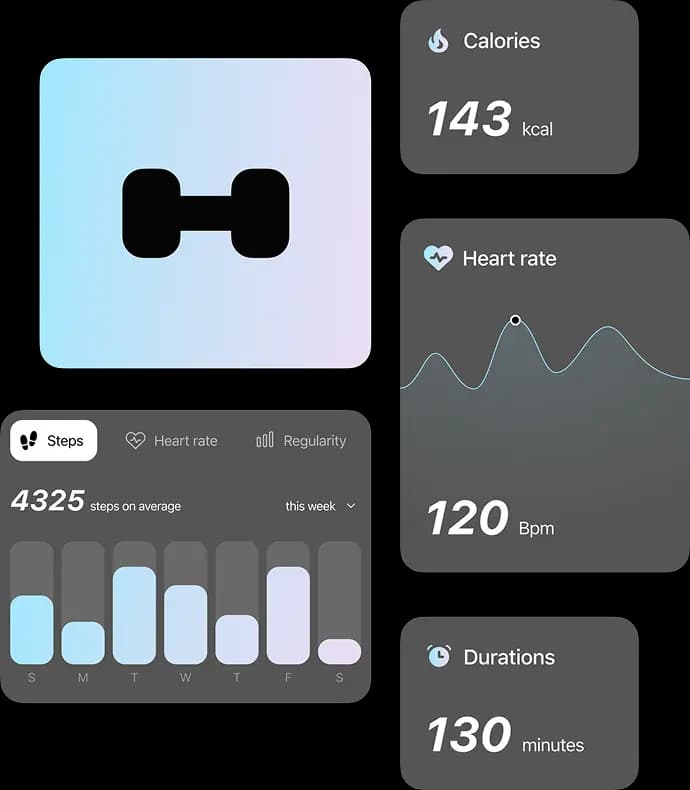 Dark fitness app tiles showing workout metrics like calories, steps, heart rate and duration.