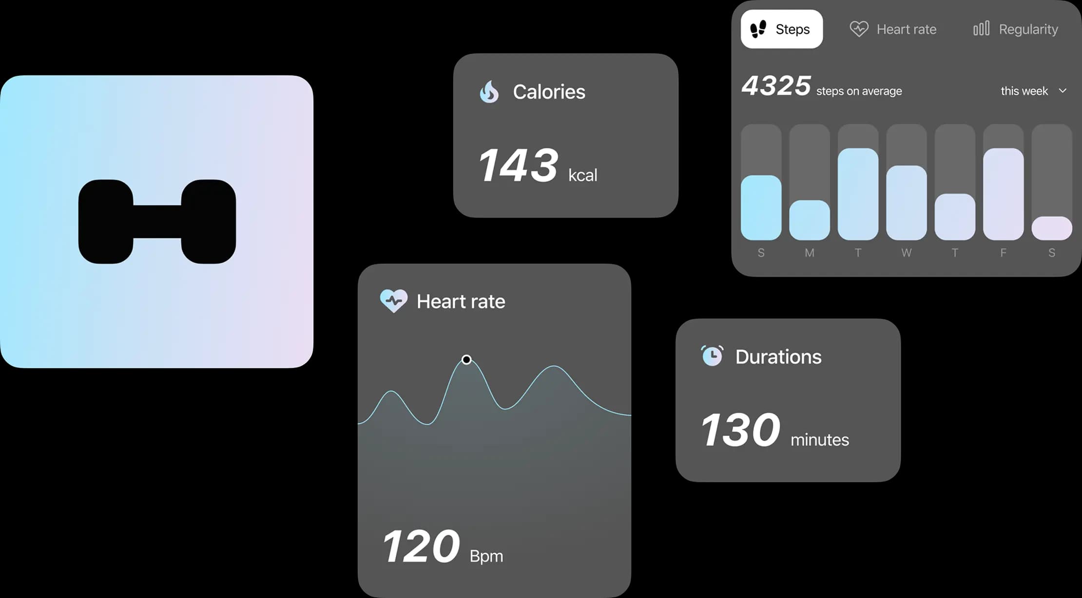 Dark fitness app tiles showing workout metrics like calories, steps, heart rate and duration.