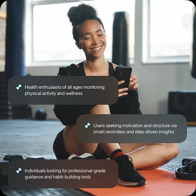 A woman with a phone in a gym, with cards describing the app's target users.