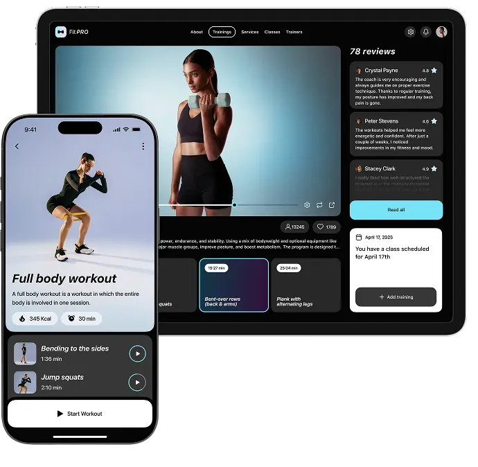 Phone workout screen in front of a tablet showing the fitness app web trainings page.